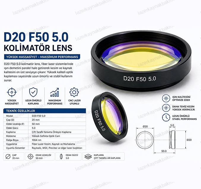 D20 F50 5.0 Fiber Lazer Kolimatör Lens